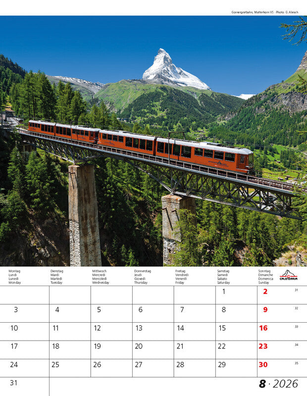 Calendaria Bildkalender Berge und Täler der Schweiz 2026 – 30 × 40 cm – mit Tagesfeldern, mit Aufhänger