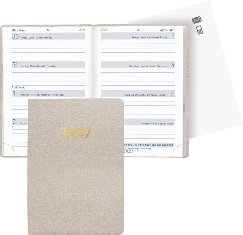 Biella Taschenagenda Agenda – 1 Woche/2 Seiten, gebunden, 7,6 × 11,0 cm, Jan–Dez, mehrsprachig, beige, FSC