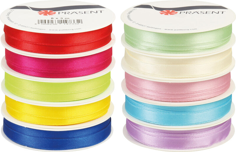 Präsent Geschenkband – farbig sortiert – 10 mm × 3 m – 5 Bänder – Kunststoff