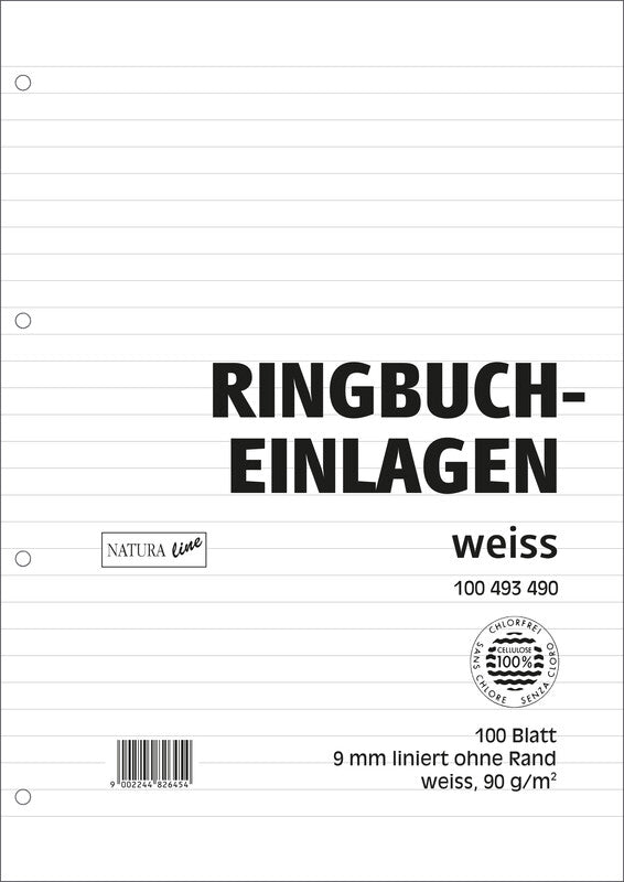 Natura line Notizbuch-Einlagen A4, liniert 9 mm, 4-fach gelocht, 90 g/m² – 100 Blatt