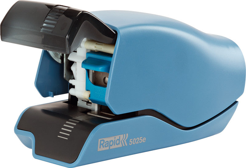 Rapid 5025e – Elektrischer Hefter, 25 Blatt, Flat-Clinch, Vorderlade, Einlegetiefe 65 mm, Blau
