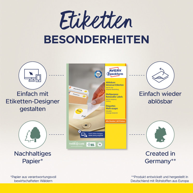 Avery Etikettenbögen, 36 mm × 17 mm, weiss, Papier, wiederablösbar, 100 Blatt (8'000 Etiketten)