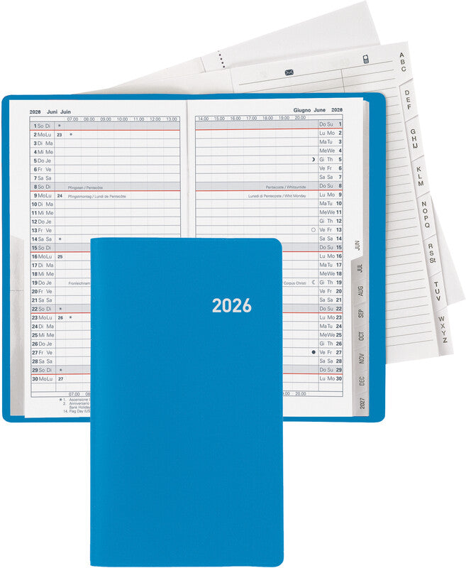 Biella Luzern Agenda – 1 Monat/2 Seiten, geheftet, 8,7 × 15,3 cm, 15 Monate Okt–Dez, 2026, blau, PEFC