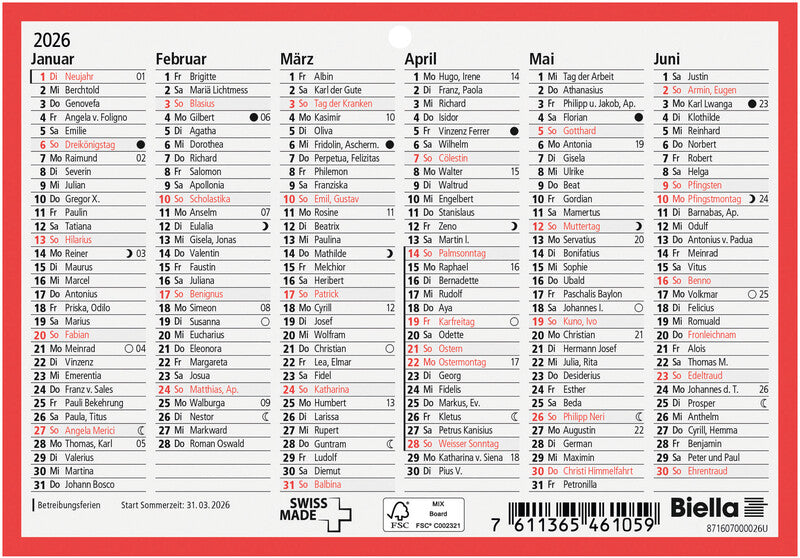 Biella Tafelkalender – Deutsch – 2026 – Notizfeld, Lochung – 16,5 × 11,5 cm