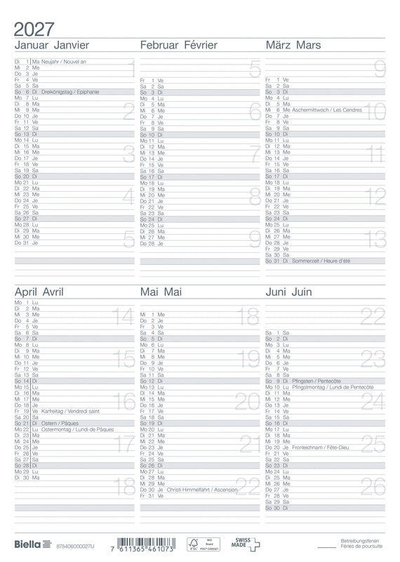 Biella Tafelkalender – 6 Monate pro Seite – zweisprachig Deutsch/Französisch – 2027 – 21 × 29,7 cm