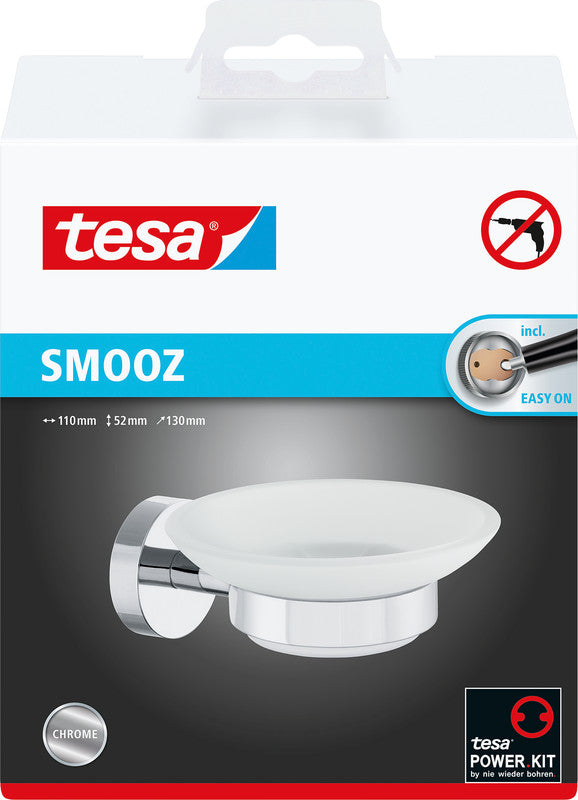 tesa Smooz Seifenhalter – Klebemontage – 11 × 5,2 × 13 cm – Weiss – Glas