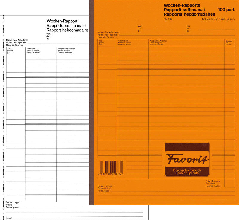 Favorit Formularblock – Wochen-Rapporte, mehrsprachig, 100 Blatt, A4