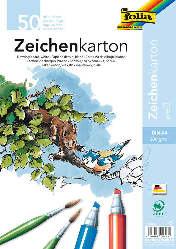 Folia Zeichenpapier A4, 200 g/m², 50 Blatt, Weiss, Strukturiert, Zeichenkarton, Recyclingfähig, PEFC