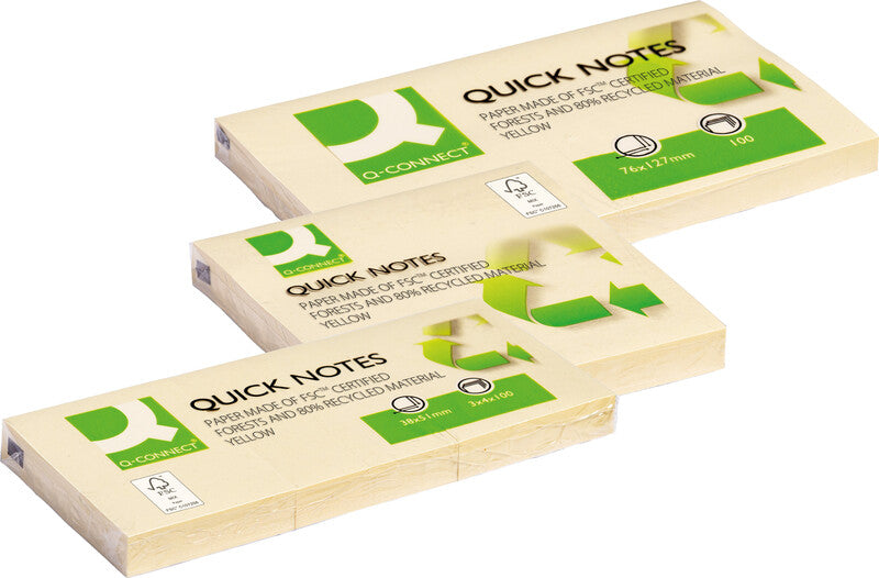 Connect Q-Connect Haftnotizen Quick Notes Recycling – 51×38 mm – gelb, 3×100 Blatt, Recyclingpapier