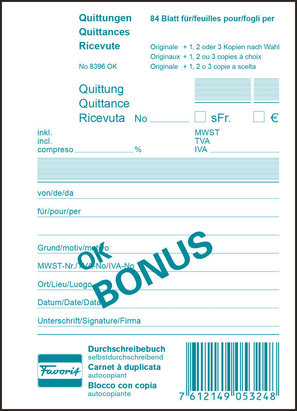 Favorit Formularblock – OK Bonus, mehrsprachig, 84 Blatt, A5
