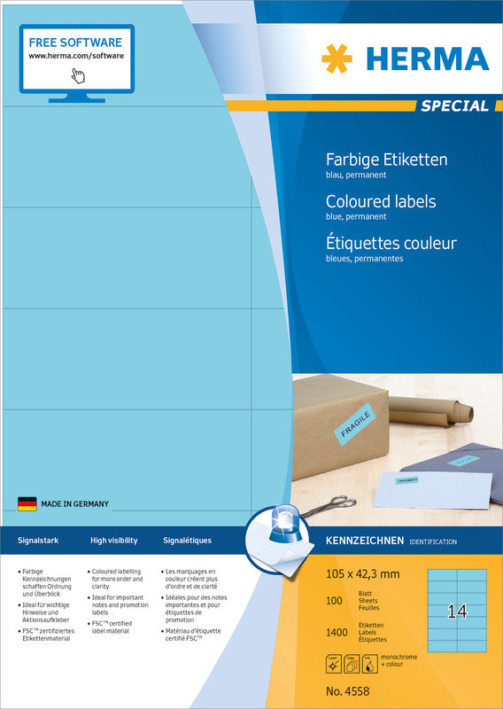 HERMA 4558 – Etiketten A4 105 × 42,3 mm – Papier, blau – permanent haftend – Laser/Inkjet