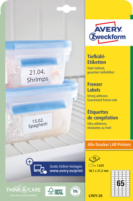 Avery Druckeretiketten, A4, 63,5 mm × 33,9 mm, weiss, Papier, permanent, 25 Blatt (600 Etiketten)