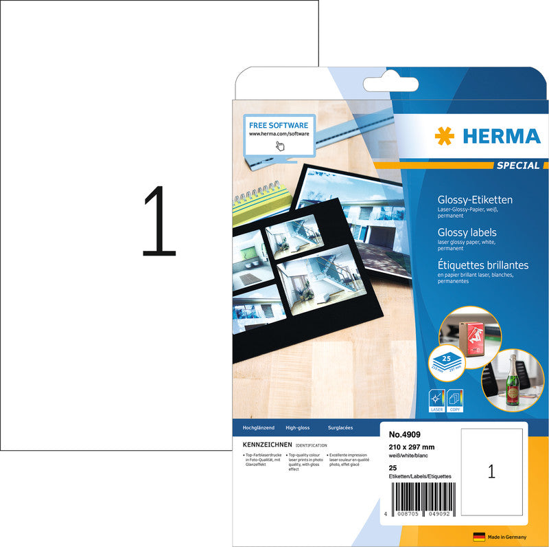 HERMA Druckeretiketten Special Glossy, 210 mm × 297 mm, weiss, Papier, permanent, 25 Blatt