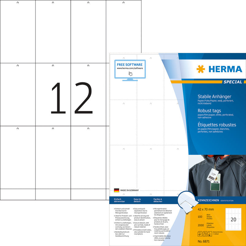 HERMA Anhängeetiketten – rechteckig 52,5 × 93,5 mm, weiss, A4, perforiert, mit Loch, 100 Blatt (1'200 Stk.)
