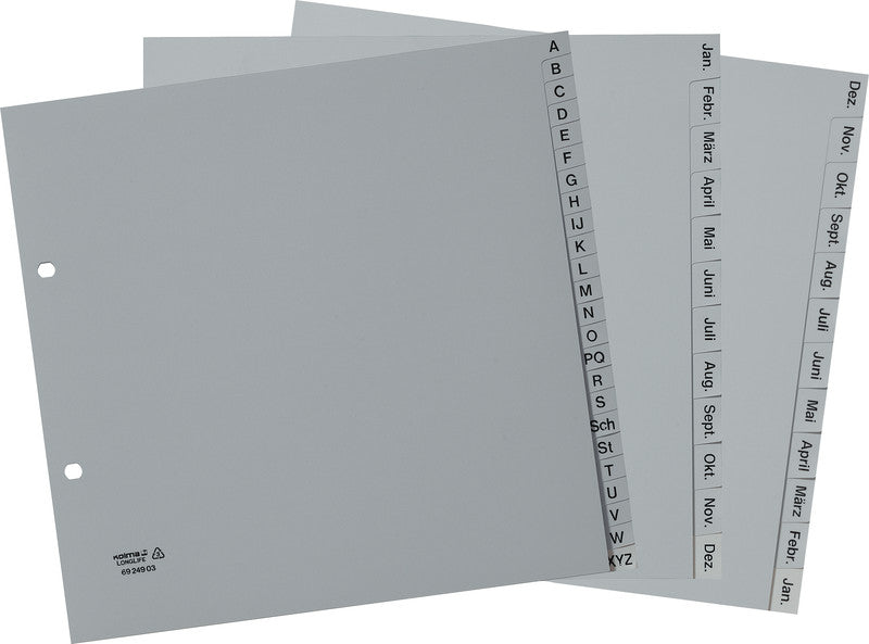 Kolma Register – teildeckend, 12-teilig, PVC, grau, vorgedruckt, 2-Ring, ovale Lochung, für A4 Hochformat