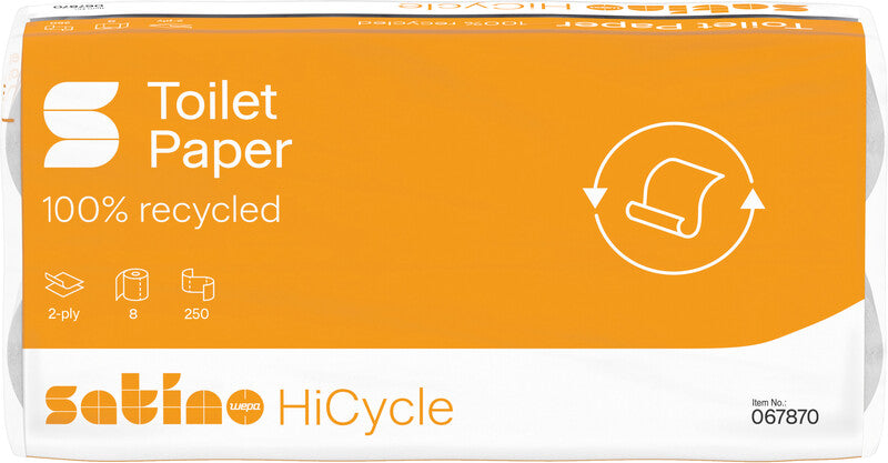 Satino hicycle Toilettenpapier – 2-lagig, Recycling, Blattgrösse 94 × 110 mm, 250 Blatt/Rolle – 8 Rollen