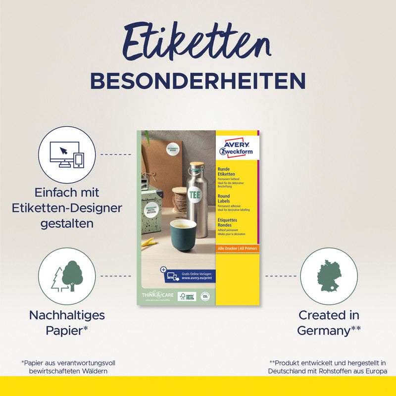 Avery Druckeretiketten, Ø 80 mm, weiss, Papier, permanent, 60 Etiketten (10 Blatt)