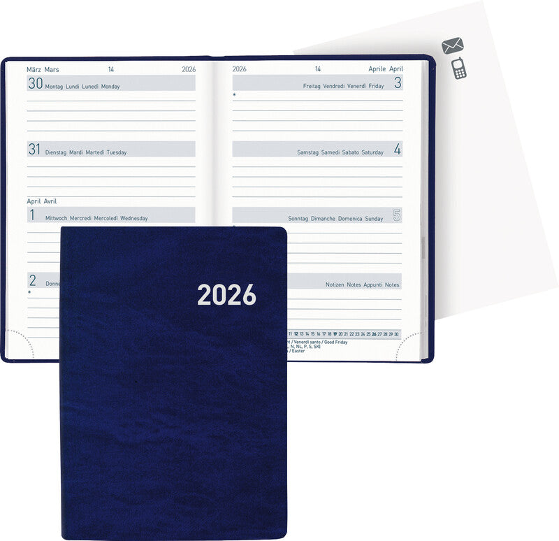 Biella Taschenagenda – 1 Woche/2 Seiten, gebunden, 7,6 × 11,0 cm, 2026, dunkelblau, FSC