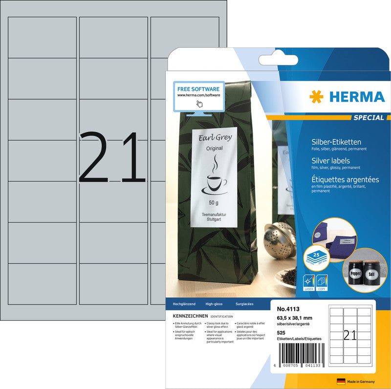HERMA Druckeretiketten, 63,5 mm × 38,1 mm, silber, Folie, permanent klebend, 525 Etiketten (25 Blatt)