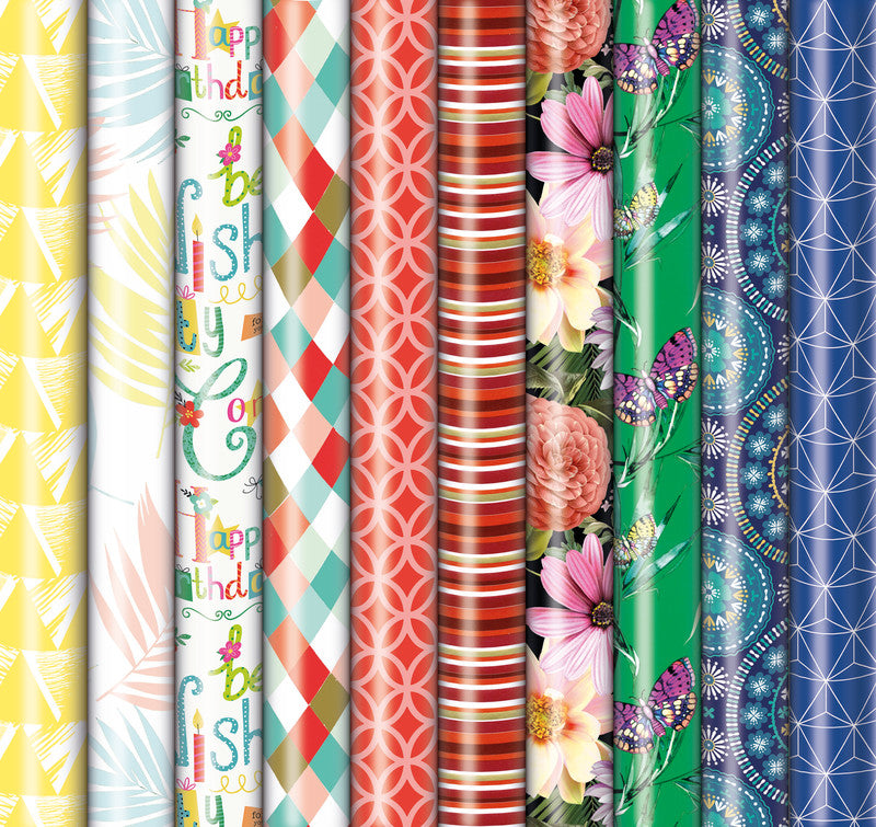 Zoewie Geschenkpapier – 8 Motive, sortiert – 70 cm × 5 m – 65 g/m2, gestrichen