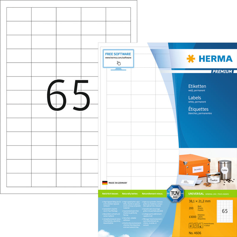 HERMA Etiketten, 38,1 mm × 21,2 mm, weiss, permanent, 200 Blätter (13'000 Etiketten)