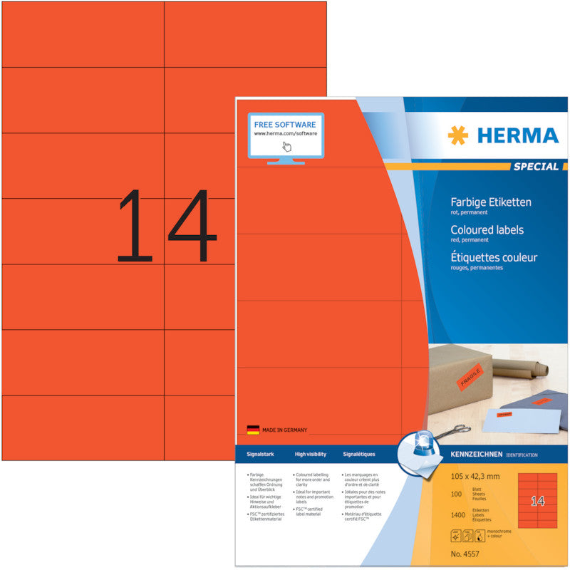 HERMA 4557 – Etiketten A4 105 × 42 mm – Papier, matt, rot – permanent haftend – Laser/Inkjet – 100 Blätter