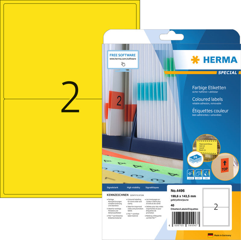 HERMA Schuletiketten – 199,6×143,5 mm, Abgerundete Ecken, 40 Stk, 20 Bogen, Papier, Ablösbar