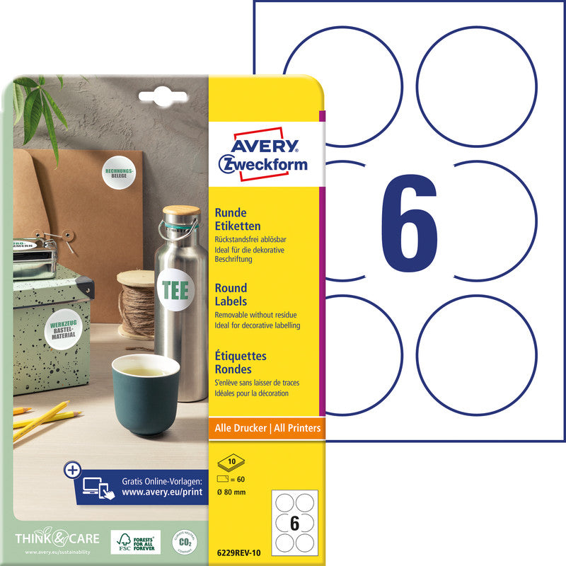 Avery Runde Etiketten, Ø 80 mm, weiss, Papier, wiederablösbar, 60 Etiketten (10 Blätter)