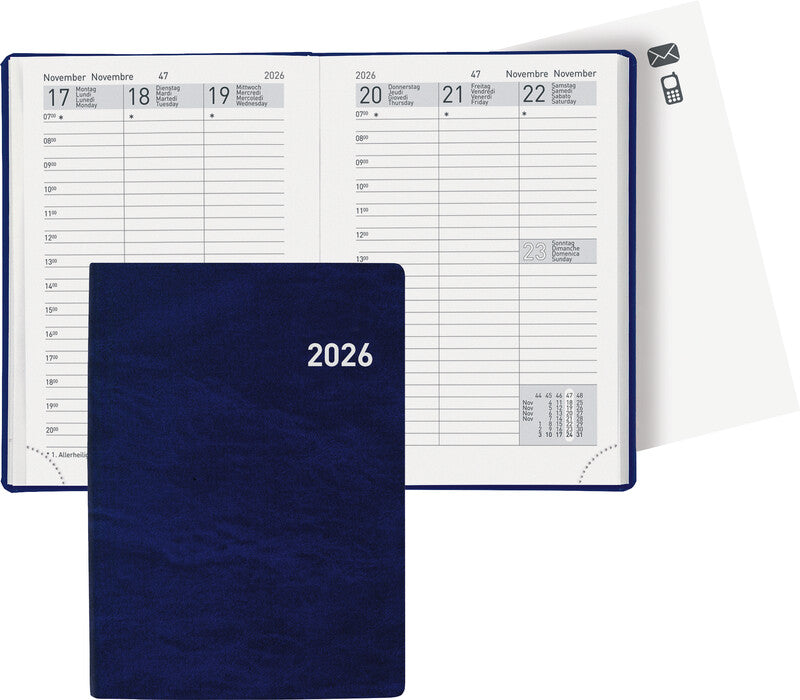 Biella Rex Agenda – 1 Woche/2 Seiten, gebunden, 10,1 × 14,2 cm, 2026, 1-h-Takt, blau, FSC