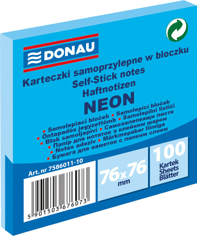 Office products Donau Haftnotizen – 76 × 76 mm – Neonblau, 100 Blatt/Block