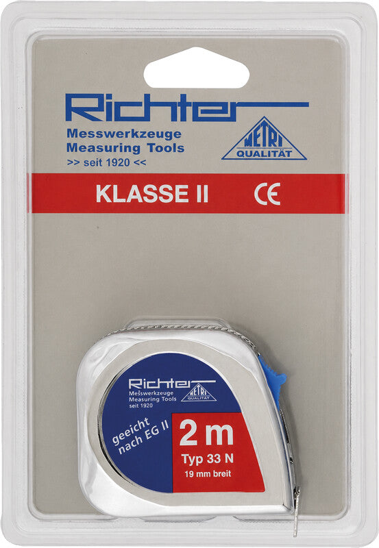 Herbert Richter Rollmeter – 2 m, 19 mm Band, mm-Teilung, Stopptaste, automatischer Bandrücklauf, Silber