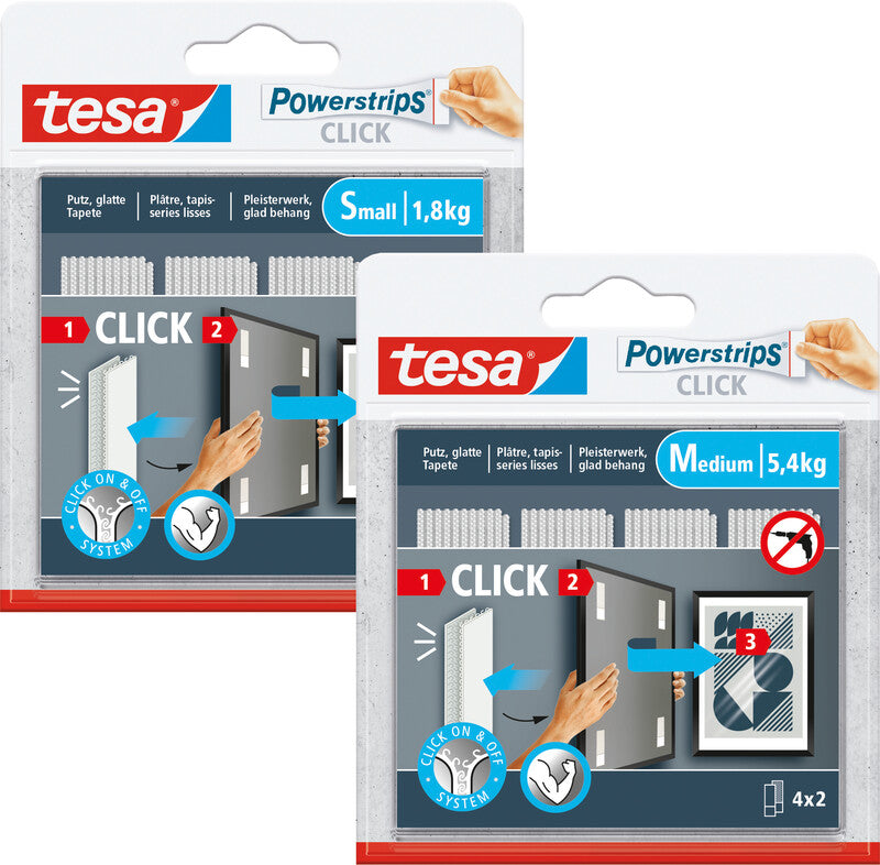 Tesa Montageband Powerstrips Click, für glatte Oberflächen – 20 mm × 0,06 m, weiss, bis 1,8 kg