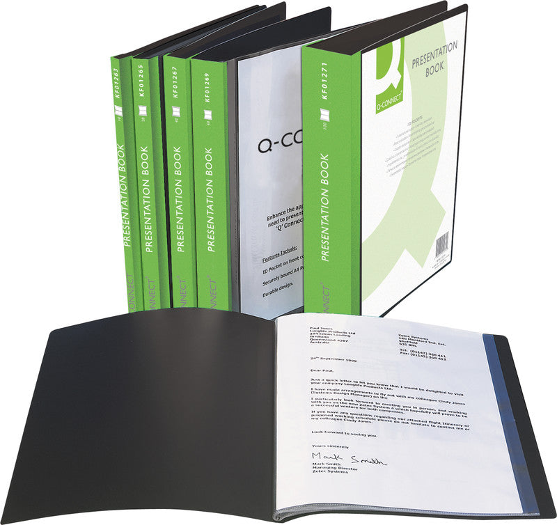 Q-CONNECT Sichtbuch – 40 Sichttaschen, A4, mit Fronttasche, genarbt, antireflex, schwarz, Kunststoff