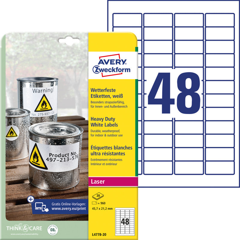 Avery Druckeretiketten, 46 mm × 21 mm, weiss, Folie, extra stark, 960 Etiketten (20 Blatt)