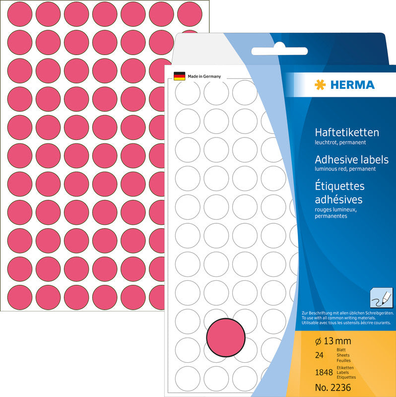 HERMA Haftetiketten – Ø 13 mm, stark haftend, leuchtrot, 24 Blatt (1'848 Stk.)