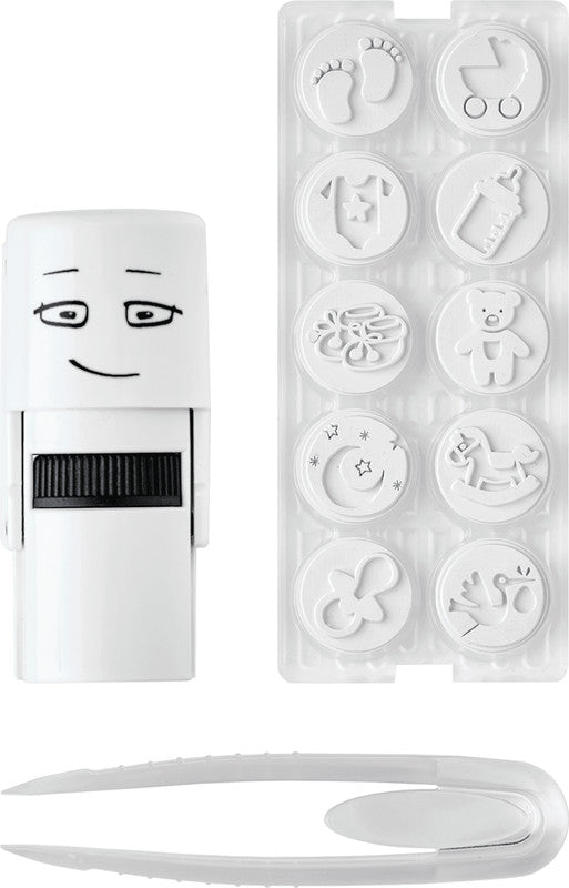 Colop Little NIO Rundstempel – Baby, selbstfärbend, 10 Motive, Ø 17 mm, Kissen grau