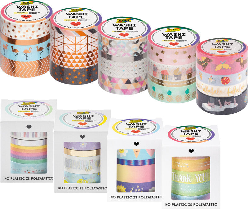 Folia Washi-Tape-Set mit Heissfolienveredelung – sortiert – 5 mm × 5 m, 3 × 15 mm × 5 m – 4 Rollen