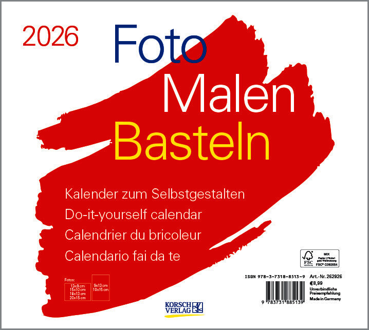 Korsch Bastelkalender 2026 – 24 × 21,5 cm – mit Tagesfeldern, mit Aufhänger