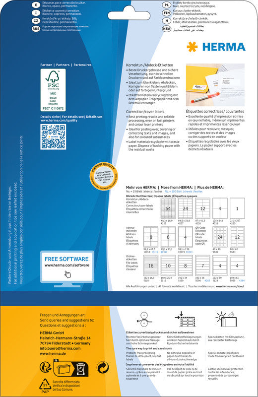 HERMA Etiketten, 40 mm × 40 mm, A4, weiss, Papier, permanent, 600 Etiketten (25 Blatt)
