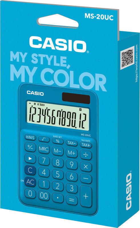 Casio Tischrechner MS-20UC – 12-stellig, LCD, Solar + Batterie, blau, 105×150×23 mm