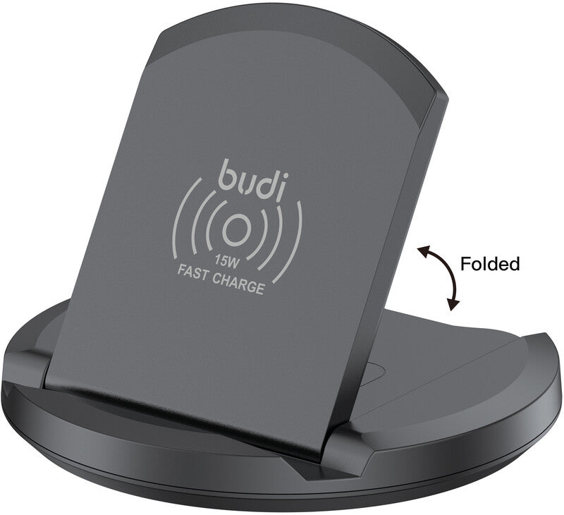 Budi Wireless Fast Charger 2-in-1 Ladeständer – 15 W/2,5 W – faltbar – für Smartphone und AirPods – Schwarz