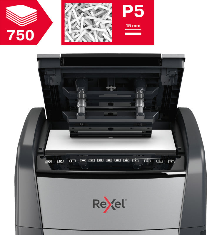 Rexel Optimum AutoFeed+ 750M – Aktenvernichter mit Autofeed 750 Blatt, DIN P-5, Mikroschnitt 2 × 15 mm, 140 l