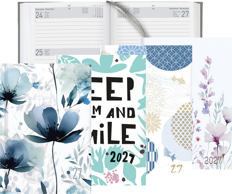 Biella Dispo Term Trend Agenda – 1 Woche/2 Seiten, gebunden, 14,5 × 20,5 cm, 2027, Blue Flower, FSC