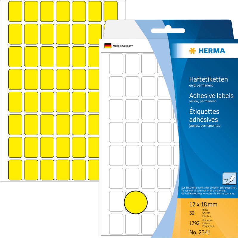HERMA Haftetiketten – rechteckig 12 × 18 mm, stark haftend, gelb, 111 × 170 mm, 32 Blatt (1'792 Stk.)