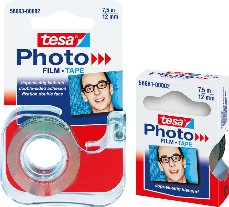 TESA Doppelseitiges Fotoklebeband – mit Abroller – permanent, Kunststoff, 12 mm × 7,5 m, transparent