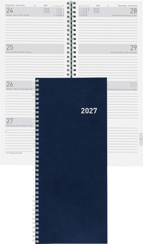 Biella Langformat Twist Agenda – 1 Woche/2 Seiten, Spiralbindung, 13,5 × 31,5 cm, 2027, Dunkelblau, FSC
