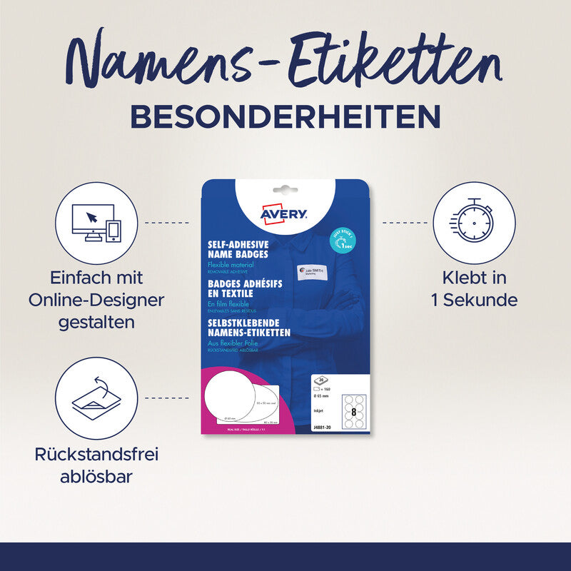 Avery Schuletiketten – Ø 65 mm, 160 Stk, 20 Bogen, Textil, ablösbar