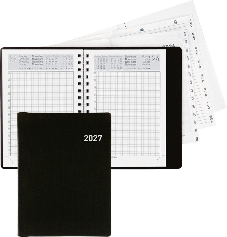 Biella Technikus 4 Agenda – 1 Tag pro Seite, Spiralbindung, 10,1 × 14,2 cm, 2026, 1-h-Takt, Schwarz, FSC