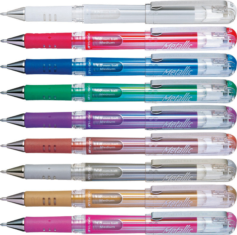 Pentel Hybrid Gel Grip DX Gelschreiber, Kappe – weiss/silber/gold, Spitze 1 mm, wasserfest, metallic, 3er-Set