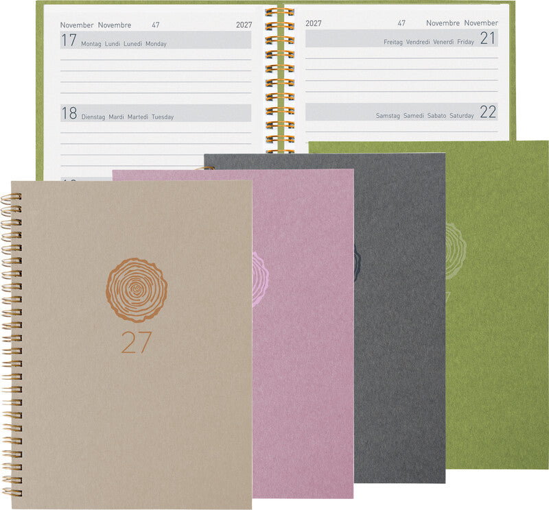 Biella Memento Agenda – 1 Woche/2 Seiten, Spiralbindung, 10,1 × 14,2 cm, 2027, Mehrsprachig, Rosa